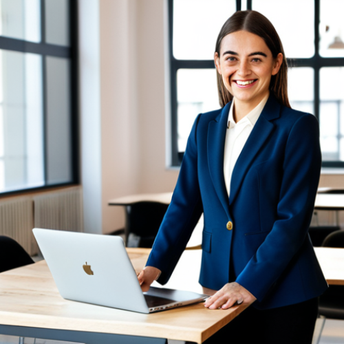 **

A confident female entrepreneur in a stylish, tailored blazer and dark slacks, standing in a bright, modern co-working space in Madrid. Laptop on a shared desk, smiling warmly.  Professional portrait, natural lighting, fully clothed, appropriate attire, safe for work, perfect anatomy, natural proportions.

**