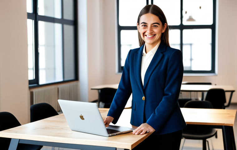 **

A confident female entrepreneur in a stylish, tailored blazer and dark slacks, standing in a bright, modern co-working space in Madrid. Laptop on a shared desk, smiling warmly.  Professional portrait, natural lighting, fully clothed, appropriate attire, safe for work, perfect anatomy, natural proportions.

**