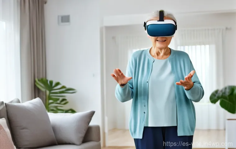 가상현실 재활치료의 실습 교육 - **Serene Pain Distraction with VR:** A middle-aged person, around 45-55 years old, sits peacefully o...