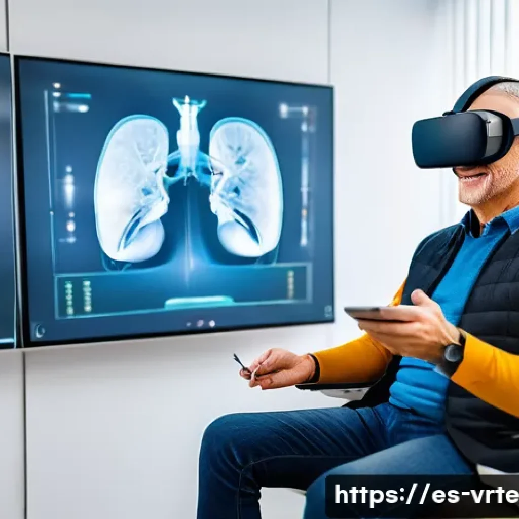 VR 재활치료의 기술적 요구 사항 - A modern rehabilitation clinic room in Spain, featuring a middle-aged male patient wearing comfortab...