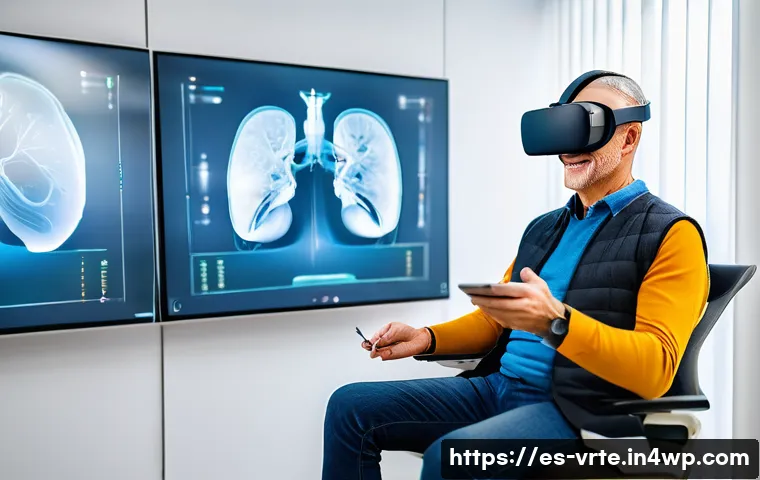 VR 재활치료의 기술적 요구 사항 - A modern rehabilitation clinic room in Spain, featuring a middle-aged male patient wearing comfortab...