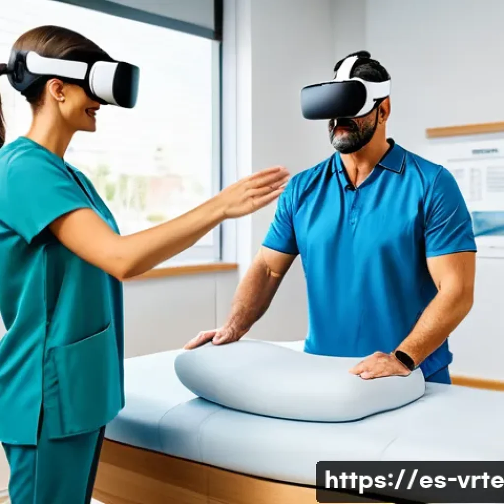 가상현실 재활치료의 지속 가능성 - A modern rehabilitation clinic in Spain featuring a middle-aged Hispanic male patient wearing comfor...