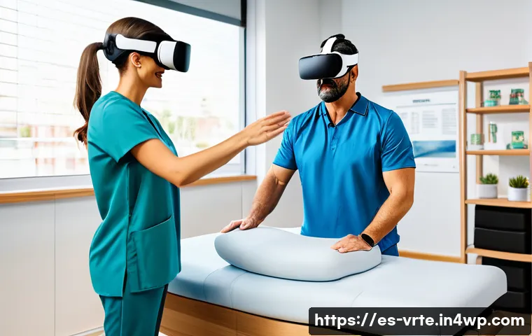 가상현실 재활치료의 지속 가능성 - A modern rehabilitation clinic in Spain featuring a middle-aged Hispanic male patient wearing comfor...