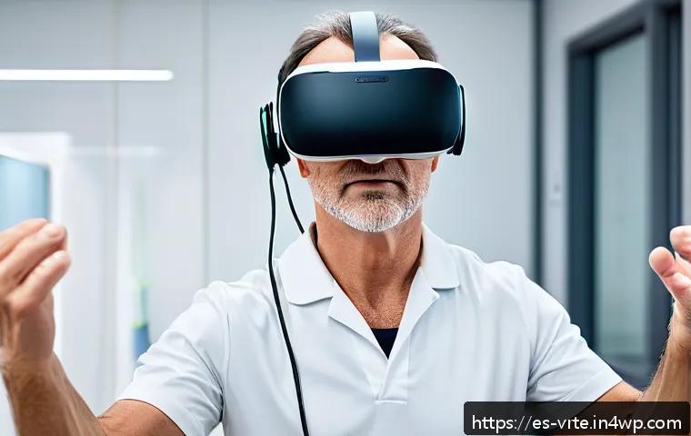 가상현실 재활치료의 임상 적용 - A modern rehabilitation clinic in Spain featuring a middle-aged male patient wearing comfortable spo...