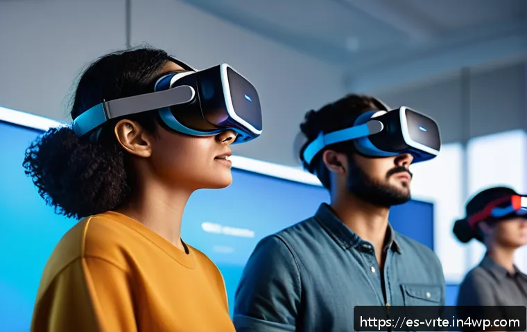 가상현실 재활치료와 사회적 기능 회복 - A diverse group of young adults practicing social skills in a futuristic virtual reality environment...