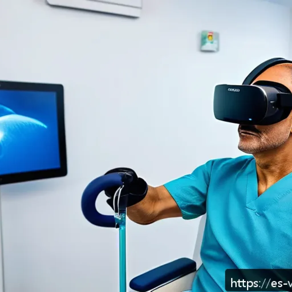 가상현실 재활치료의 비즈니스 기회 - A modern clinical rehabilitation room in a Spanish hospital, featuring a middle-aged Hispanic patien...