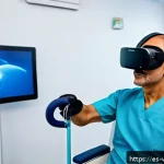 Home 19 가상현실 재활치료의 비즈니스 기회 - A modern clinical rehabilitation room in a Spanish hospital, featuring a middle-aged Hispanic patien...