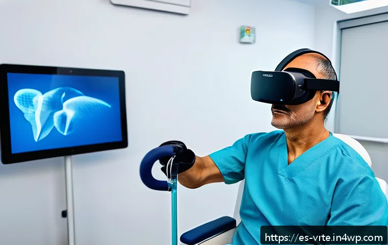 가상현실 재활치료의 비즈니스 기회 - A modern clinical rehabilitation room in a Spanish hospital, featuring a middle-aged Hispanic patien...