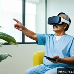 Home 23 VR 기반 재활치료의 개인화 - A modern rehabilitation clinic in Mexico City featuring a middle-aged Hispanic patient wearing comfo...