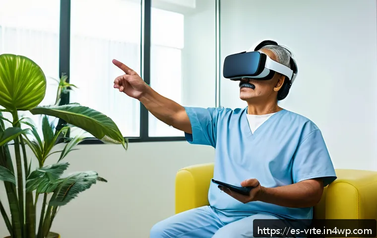 VR 기반 재활치료의 개인화 - A modern rehabilitation clinic in Mexico City featuring a middle-aged Hispanic patient wearing comfo...