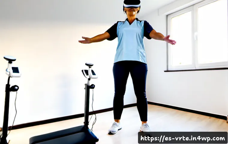 Home 17 가상현실 재활치료의 비용 분석 - Photorealistic Spanish rehabilitation clinic, middle-aged patient wearing a virtual reality headset ...