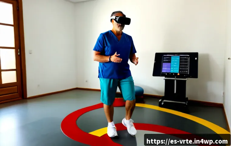 Home 17 가상현실 재활치료의 목표 설정 - Photorealistic rehabilitation clinic in Spain, a middle-aged Hispanic patient wearing a virtual real...