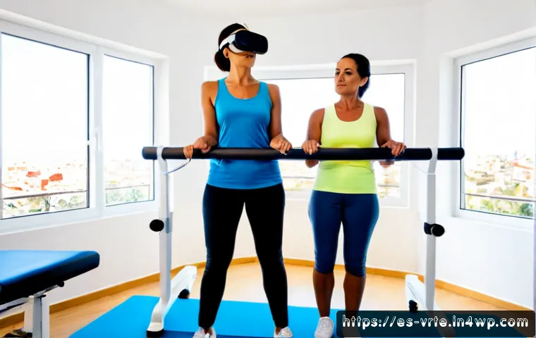 Home 17 가상현실 재활치료 방법론 - Photorealistic virtual reality rehabilitation session in a bright modern physiotherapy clinic in Spa...